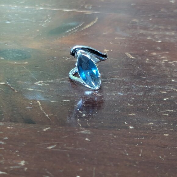 Estate Blue Sapphire Topaz Rhinestone Silver Marquise Bypass Ring RHOD E.P. S/A - Picture 8 of 9